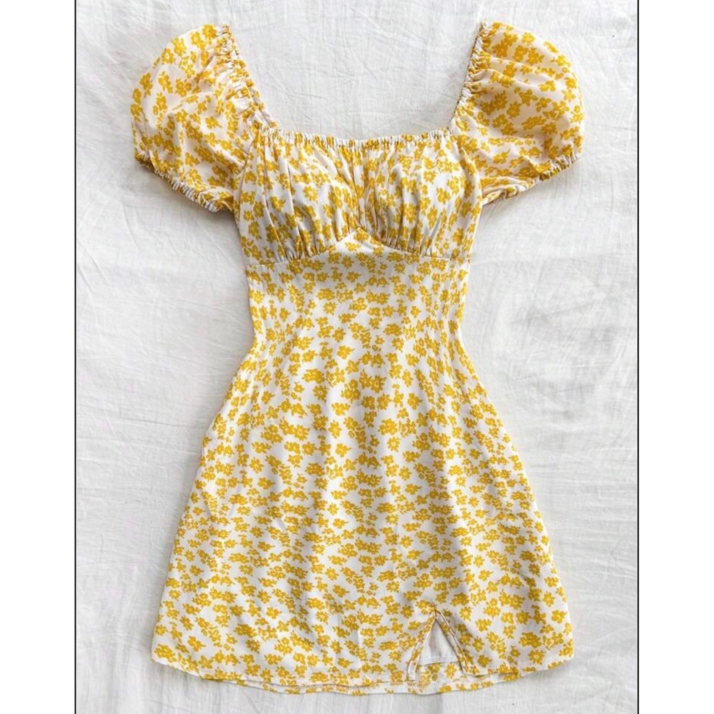 Yellow Floral Puff Sleeve Smocked Mini Dress Women XS Sweetheart Cottagecore